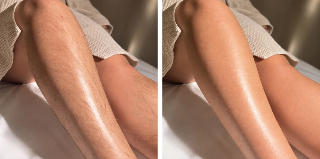Épilation laser : avant à gauche, après à droite